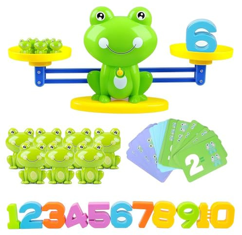 Montessori Spielzeug Mathe Waage, Frosch Affenspiel mit Zahlenblöcken und Karten, Lernspiele Rechenschieber, Kinderspielzeug zum Zählen und Rechnen Lernen Geschenk