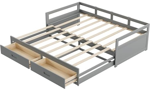 SACOOL Sofá cama nido 90/180 x 200 cm, cama de pino con cajones y somieres, espacio de almacenamiento, color gris