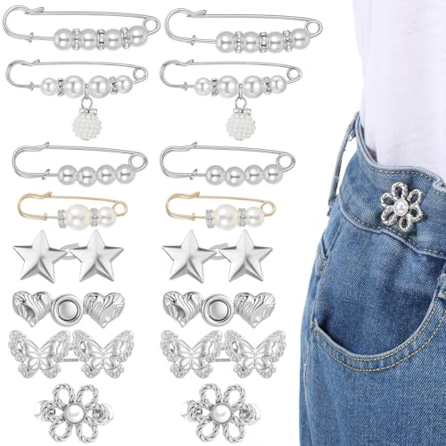 Ouligay 16 Sets Waist Tightener Clips for Pants Women Adjustable Jean Waist Tightener Reusable Jean Clips to Tighten Waist Butterfly Pins for Loose Jeans Silver Multiple Styles