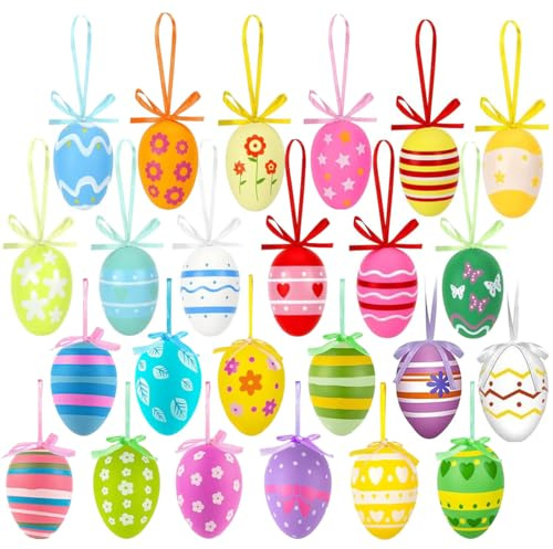 Tomedeks 24 Pezzi Uova decorazioni pasquali, Uova di pasqua, Addobbi pasquali, Appese Uo-va di Pasqua Decorazioni con Vari Stile Punti Strisce Fiori per Albero Scuola Casa Feste Decorazione Pasquale