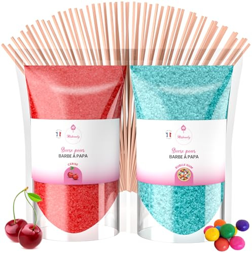 Misskandy®, Zuckerwatte Zucker (Farbstoffe ohne Azofarbstoffe) / 2 * 160Gr)/Erdbeere, Heidelbeere, Zitrone/zuckerwattemaschine zucker/Aromazucker + 10 Stäbchen (Free) (Kirsche/Kaugummi)