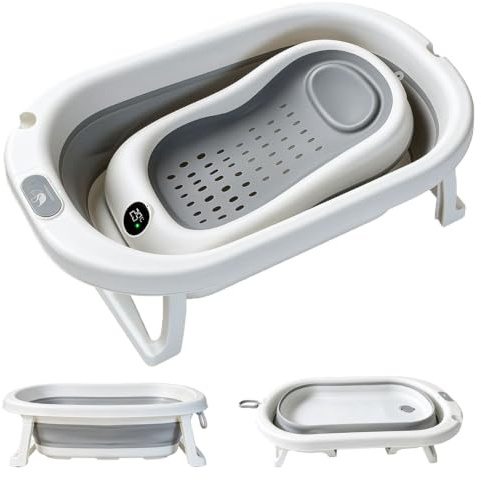 Faltbare Babybadewanne, integriertes wasserdichtes Thermometer, stabiler verstärkter Gestell ohne Wackeln, großer Schnellablauf, bodenisolierte Stütze, ergonomische Rundform