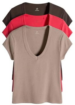 THE SET Mujeres Pack de 3 Camisetas acanaladas de Manga Japonesa con Cuello de Pico