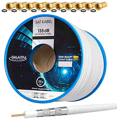 HB-DIGITAL SET: 25m Koaxial SAT Kabel 135db Weiß + 10x F-Stecker vergoldet | CCS (Stahl-Kupfer) Satellit Antennenkabel 5-Fach geschirmt für DVB-S/S2 DVB-C/C2 DVB-T/T2 DAB+ Radio BK Anlagen