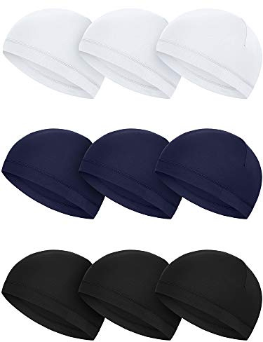 SATINIOR 9 Pieces Cooling Skull Caps Helmet Hard Hat Liner Bald Cap Sweat Wicking Running Beanie Cycling for Men Women(Navy Blue, White, Black)