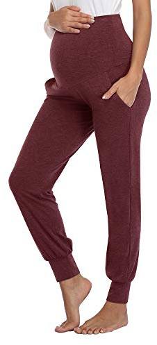 AMPOSH Pantalones de Maternidad elásticos para Mujer, Pantalones de Entrenamiento Casuales, Sueltos, cómodos, para Embarazo, con Bolsillos, Borgoña Jaspeado, Medium