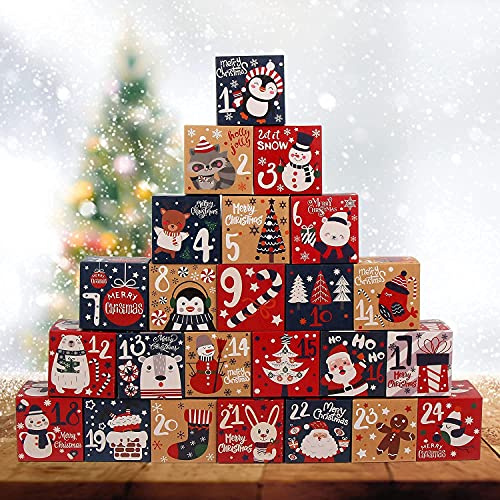 DIYASY Christmas Advent Gift Boxes, 24pcs Kraft Paper Xmas Advent Calendar Boxes to Fill Yourself, Christmas Countdown Boxes for Christmas Decoration