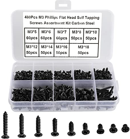 FandWay 480Pcs Self Tapping Screws Black,M3 Small Wood Screws Kit,Countersunk Head Self Drilling Screw,Flat Head Sheet Metal Screw Phillips/Cross Drive for DIY WoodWork Repairs.