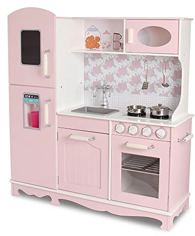 DEQUBE - Cucina in legno 3 moduli design vintage - Cucina giocattolo di grande capacità di immagazzinaggio - Contiene accessori metallici per il gioco - Dimensione 91 x 30 x 102 cm - Colore rosa