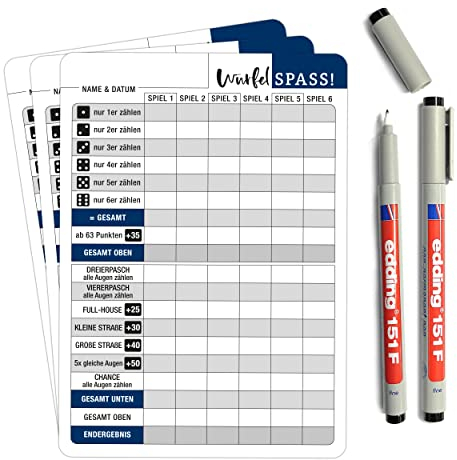 TOBJA Würfelspiel abwischbar inkl. Stifte - 3X DIN A5 Blätter wiederverwendbar mit 2 Stiften | Für Senioren Extra große Schrift/Zahlen | Seniorenspiele auch für Familien (3X abwischbar + Stifte)