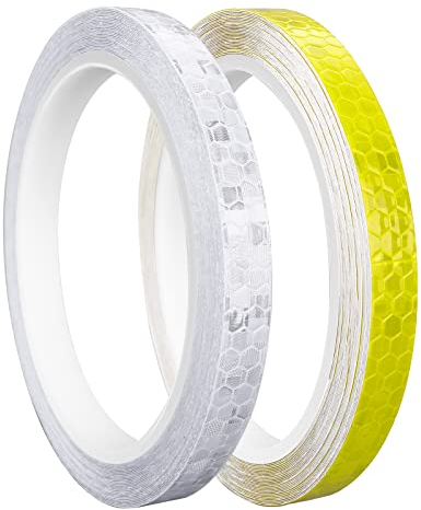 Prasacco 2 Rollen Reflektierende Klebeband, 10mm x 8m Reflektierende Aufkleber Selbstklebende Wasserdicht Aufkleber Hohe Intensität Reflektor Warnband für Straße, Fahrräder, Helme, Motorrad(Weiß,Gelb)