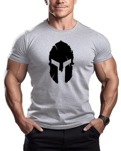 ReedCA Spartan Helmet - Mens Bodybuilding T-Shirt - Gym Training Top Fitness(Light Grey,L)