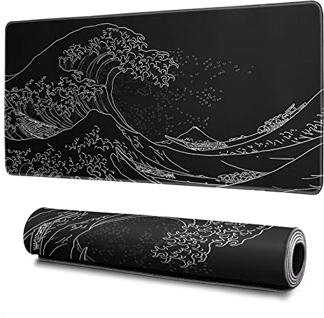 Japanese Gaming Mouse Pad Abstract Black Mouse Pad 31.5x11.8 Inch Black Sea Wave Texture Non-Slip Rubber Base Large Ocean Mousepad Stitched Edges Keyboard Mouse Mat Desk Pad for Office and Home