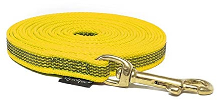 Mystique® Gummierte Schleppleine 15mm mit Handschlaufe Messing Karabiner gelb 7,5m