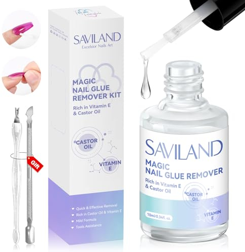 SAVILAND Nail Glue Remover for False Nails & Press On Nails, Castor Oil & Vitamin E Formula Gentle Fake Nail Remover with Cuticle Pusher Nail Fork Tool Kit Nail Art Accessories