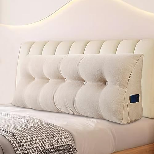Rückenkissen, Keilkissen kopfteil Gepolstert Lesekissenfür Bett und Sofa geeignet, Stützkissen, Kissen Großes Wandkissen mit abnehmbarem und waschbarem Bezug, mit Seitentaschen（Weiß-100x20x50cm）