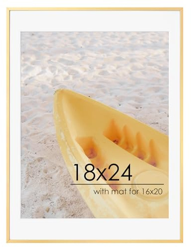 FLYJOE 18x24 Metal Picture Frame For Wall With Mat For 16x20, 18''x24'' Aluminum Photo Frames With Tempered Glass For Home Decor, Minimalist Modern Poster Frame Horizontal And Vertical Formats, Gold