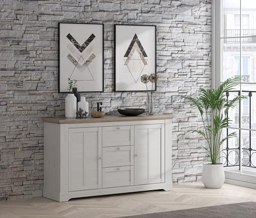 Forte ILOPPA Sideboard mit 3 Schubladen und 2 Türen, Holzwerkstoff, Snowy Eiche/Nelson Eiche, B x H x T: 160 x 92,5 x 44,3 cm