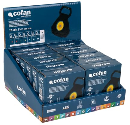Cofan Présentoir de petites lampes de poche Cob Led rechargeables | Pack qui comprend un présentoir et 12 unités | Dimensions : 20 x 17,5 x 19 cm