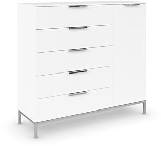 Rauch Möbel Flipp, Kommode, Farbe Weiß, Breite 120 cm | Sideboard, 1-türig, 5 Schubladen, Soft-Close, Griffe, Metallkufe Chrom, für Schlafzimmer, Gästezimmer, Wohnzimmer