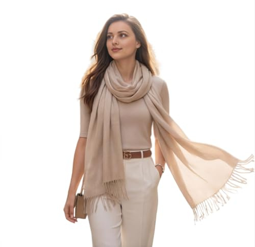 LA FERANI Sommerschal Damen Kaschmir extra dünn Halstuch 200x70 leicht transparent beige elegant Umschlagtuch Business Stil Komfort extra geschmeidig (Beige)