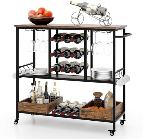 COSTWAY Köksvagn 3 våningar, serveringsvagn med hjul, glashållare, vinställ och krok, rullvagn industri för kök, matsal och vardagsrum 107,5 x 40 x 91,5 cm (brun)