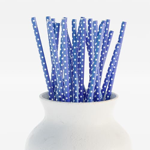 SHARRLA Paper Straws 25pcs, Biodegradable Recyclable Drinking Straws for Wedding | Birthday Party Straws for Cocktail, Holiday, Coffee, Soda, Baby Shower Suppliers (Blue with White DOts)