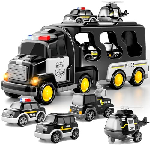 TEMI Polizei LKW Spielzeug für Kleinkind 3 4 5 6 Jahre alte Jungen.5-in-1 Reibung Power Notfallfahrzeug, Polizei Auto Spielzeug für Kleinkinder 1-3, Träger LKW Spielset für Kinder 3-5