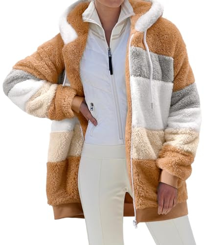 CMTOP Felpa Donna con Cappuccio Caldo Felpa in Pile Teddy Autunno Invernali Cappotto Patchwork Peluche Felpa Donna con Zip Outwear Casual Hoodie Giacca con 2 Tasche(Marrone, M)
