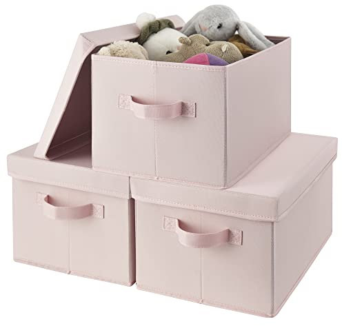 GRANNY SAYS Storage Boxes with Lids Pretty, Pack of 3 Clothes Storage Boxes for Wardrobe, Foldable Box for Organising Bedroom, Fabric Baskets with Label Holder, Pink, 37.5 x 26.5 x 22 cm