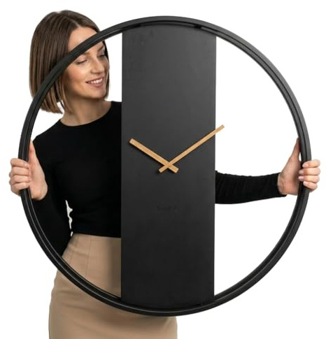 FLEXISTYLE Wanduhr groß ohne tickgeräusche LOFT OVAL Metall schwarz 3D XXL modern Holz Badezimmer Wohnzimmer (80cm Durchmesser Schwarz)
