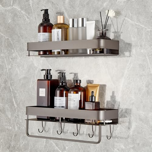 J.OZEANE Estante de ducha sin taladrar – 2 unidades de estante de baño de acero inoxidable de 40 cm con 5 ganchos, soporte para champú, cosméticos, especias, para ducha y cocina, color gris oscuro,