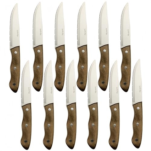 SanheKit Couteaux à Steak, Set de 6,Set de 12, Lame en Acier Inoxydable 13,5 cm, Manche en Bois, Design Full Tang, Dentelé (Couleur café (12 pièces))