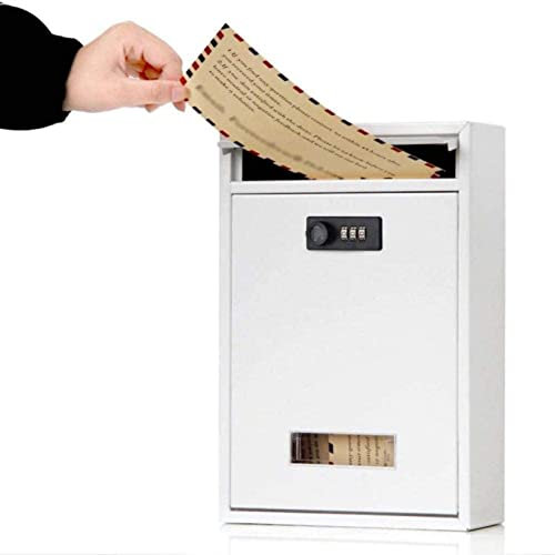 Wall-Mount Mailbox Classic Wall Mounted Post Box Mail Boxes Letterbox Lockable Password Waterproof Outdoor Mailbox Postbox Front Door Powder Coated Steel Parcel Drop Box-White