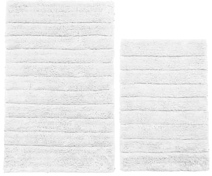 Allure Ribbed Two Piece Bath Mat Set 100% Cotton – Super Soft, Absorbent, Quick Dry Pack of 2 Textured Bathroom Mats (White)