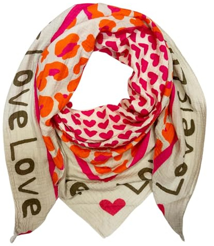 XL Dreieck Strickschal Herz Leopard Frühling Schal 100% Baumwolle Made in Italy Fashion Tuch Dreieckschal Stola Herbst Frühling Tuch Leo Love is Love Happy