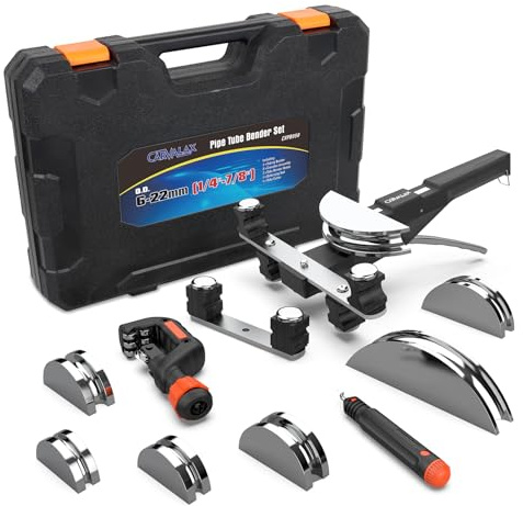 CARVALAX Aluminum Pipe Tube Bender Set,LITE MODEL (No Reverse) with 7 Electroplated Bender Heads, for 1/4” to 7/8” O.D, 90° Ratcheting Tubing Bender for HAVC, Air Conditioning, and Heating Repair