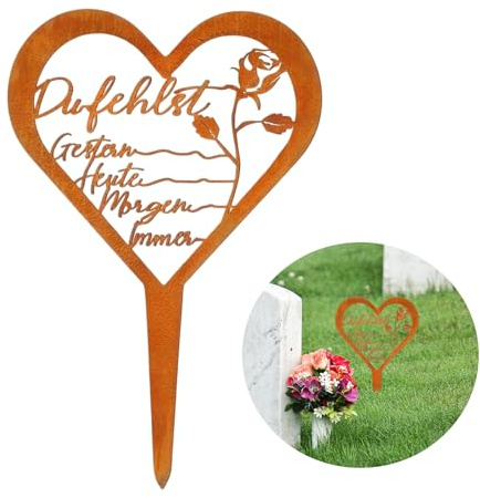 OMJMYY Grabschmuck Grabstecker Metall Stahl Rost Rose | Wetterfest, Herz-Form, Mit Spruch, Für Gärten Höfe Friedhof