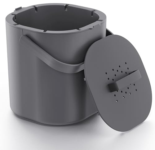 PTMS® Biomülleimer Küche 6L - Aktivkohlefilter gegen Gerüche & Innensieb | Deckel zum Einhängen - Geruchsdicht, spülmaschinenfester Komposteimer Küche - modernes Design mit angenehmen Griff