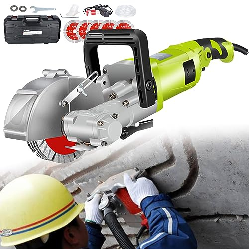 SXXZYAZJ Brick Concrete Slotting Machine, Electric Wall Chaser with 5 pcs Blade Industrial Wall Groove Cutting Machine 4000W, Idling Speed 7500r/min for Granite Marble Concrete Stone,Green-115MM