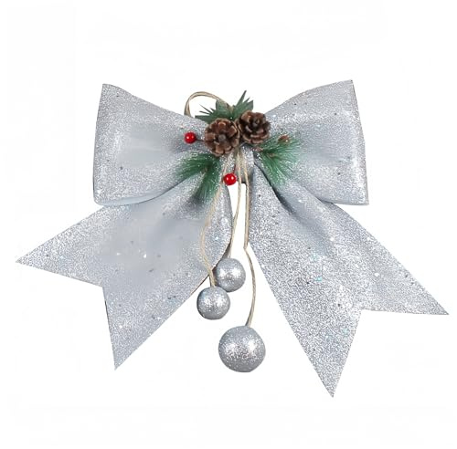 JekyTMP 1 Stück Große Weihnachtsschleifen - 35 x 30 cm Schleife Keine Montage, Weihnachtsbaumschleifen Weihnachtskranzdeko Große Geschenkschleife Weihnachtsbogen für Kranz, Tür & Weihnachten (Silber)