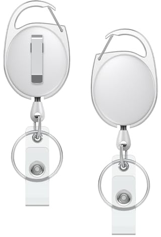 Uniclife 2-pack infällbar nyckelring, infällbar bricka rulle, slitstark bricka hållare klämma för nycklar och ID-kort, nyckelkedja förlängare med karbinhake bältesklämma och nyckelring, vit
