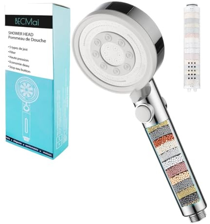 Soffione Doccia Anticalcare con Filtro Alta Pressione Doccetta Cromo-Bianco | Doccetta Anti-Calcare con Filtro, Sifone Doccia 5 Modalità, Risparmio Idrico per Acqua Dura, Cromata e Bianca (Senza Tubo)