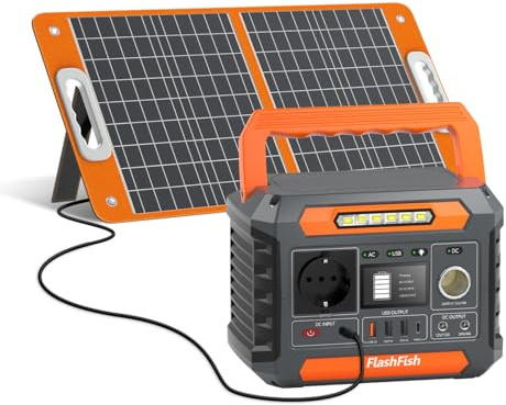 FlashFish 144.3Wh Tragbare Powerstation mit Solarpanel 60W, 200W Solar Generator mit 230V AC/DC/USB/Typ C/LED-Lichter, Stromgenerator Akku für Camping, Reise, Unterwegs, Notstrom