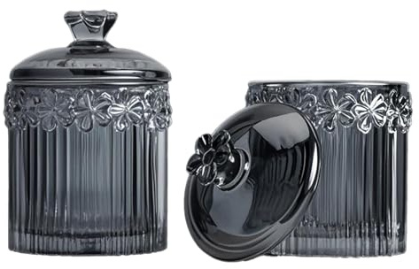 MC MEICHUANG 2 PCS Glass Sweet Jars for Candy Buffet with Lids, Apothecary Jar & Qtip Holder, Bathroom Storage Organizer for Cotton Swabs, Pads, Jewelry, Sweets, Wedding(Grey)