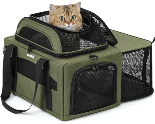 Pecute Sac de Transport Chien Chat Extensible Pliable, Vert Armée | Extension Haut & Côté • Tapis Imperméable • Homologué Avion Cabine • Pour Chats & Chiens