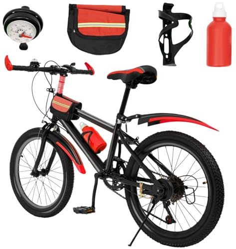 WSIKGHU 20 tums mountainbike för pojkar flickor | Uppgraderad barncykel med 7-växlad växellåda | Justerbar barncykel från 8-13 år | Bärförmåga 85 kg | 85% monterad (röd)