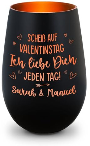 GRAVURZEILE Deko Windlicht aus Glas mit Gravur - Scheiß auf Valentinstag - Personalisiert mit Name - Individuelles Kerzenglas für Teelichter als Geschenk für Paare - Schwarz/Bronze