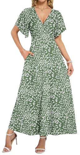 WNEEDU Long Summer Dresses Women UK Elegant Deep V Neck Maxi Wrap Dress | Ladies Summer Long Dress Emprie Waist Ruffle Sleeve Formal dress Wedding Guest dress Holiday Evening