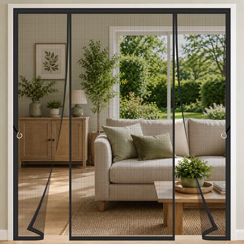 Fly Screens for Large Patio Doors Black 135x210cm Fibreglass Fly Screen with Central Entry with Automatic Magnetic Closure and Weighted Bottom Helpful for Wide Openings and Large Frames Double Patio